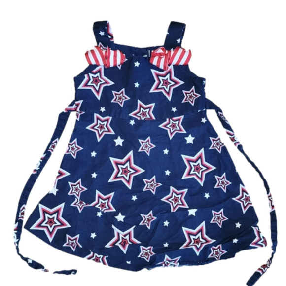 𝅺JESSICA ANN Red White and Blue Stars and Striped Bows Spaghetti Strap Dress - Picture 1 of 4